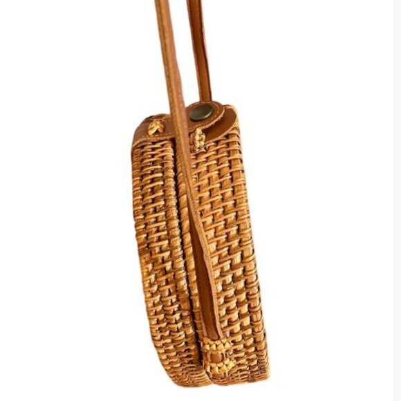 Vintage Boho Round Natural Wicker Crossbody Lined EUC - Picture 2 of 9